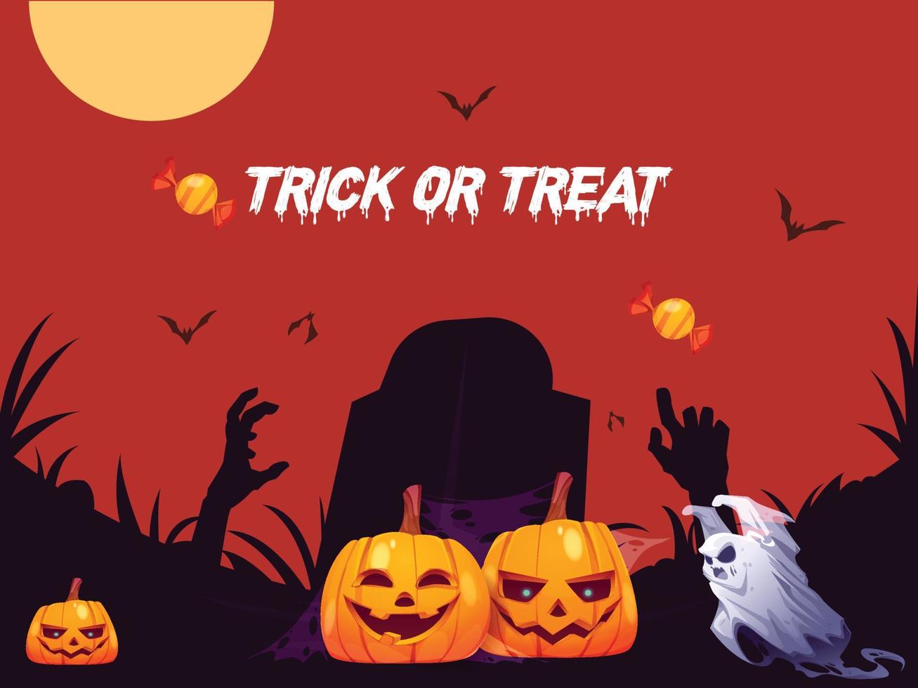 Happy halloween greeting with pumpkins at the night. vector