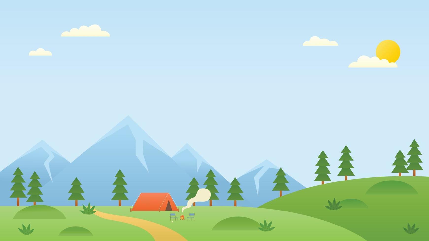 There is a wide sky and a small tekt above the mountains and hills. flat design style vector illustration.