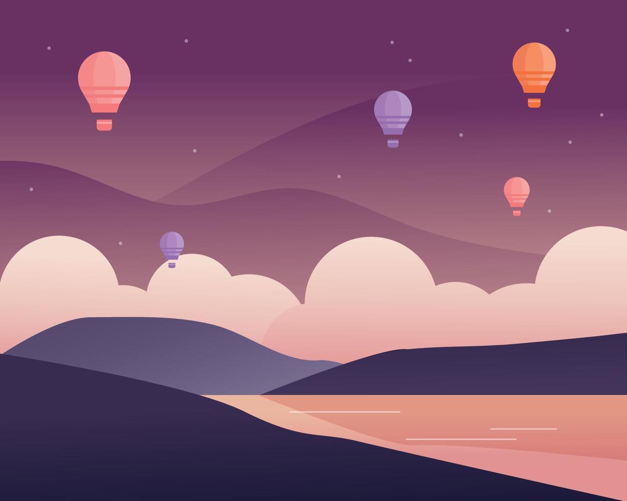 A hot air balloon floats in the dark purple sky. Below you can see the shadows of rivers and mountains. vector