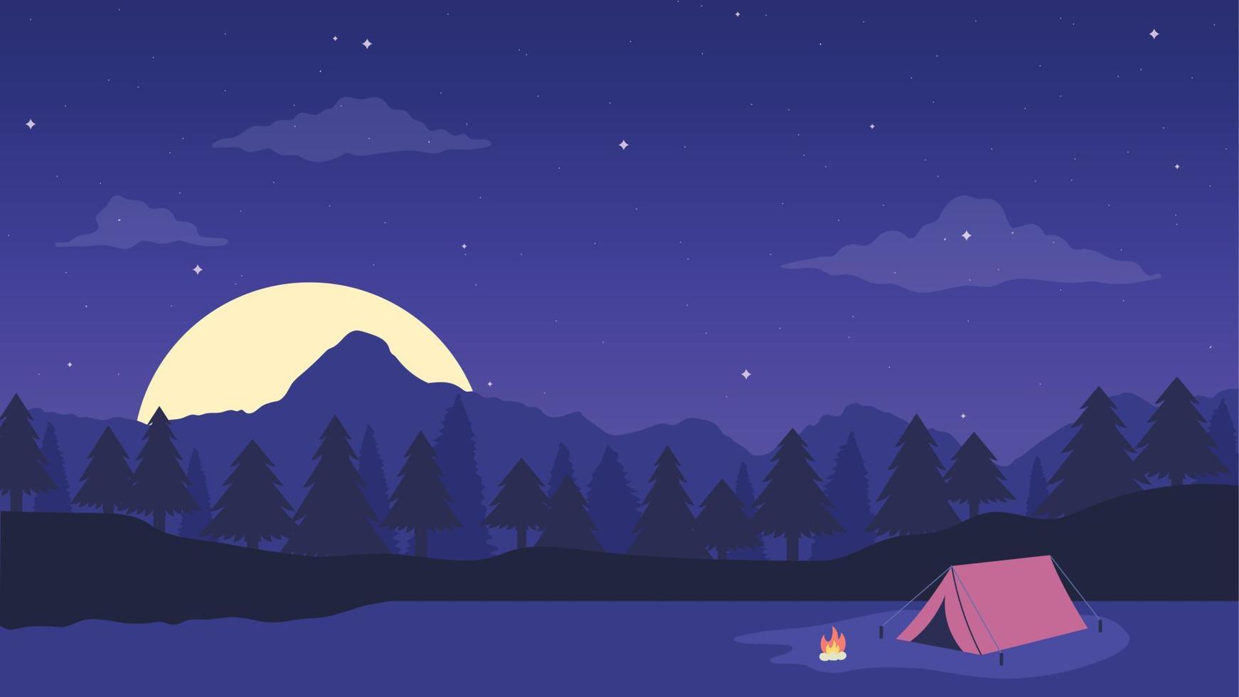 paisaje con amplio cielo y montañas y pequeña carpa. carpa y pequeña hoguera en el oscuro bosque nocturno. vector