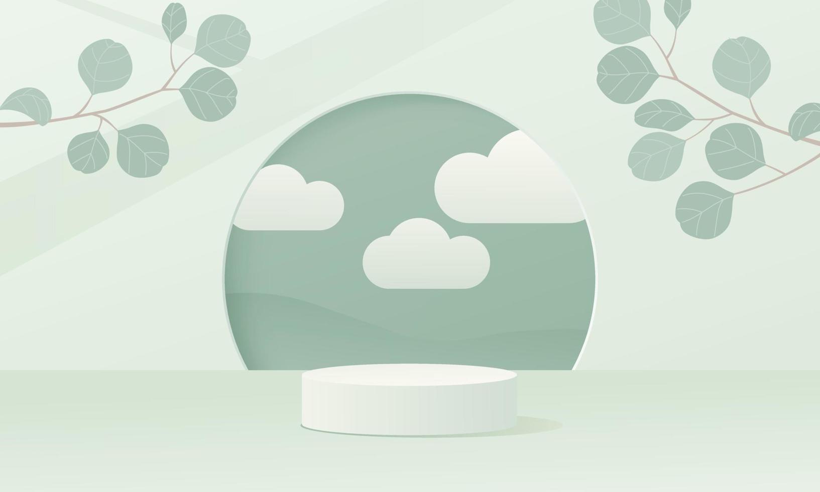 There is a circular stage in the pastel green space. At the top, a branch with round leaves is decorated. There are clouds in the background. vector