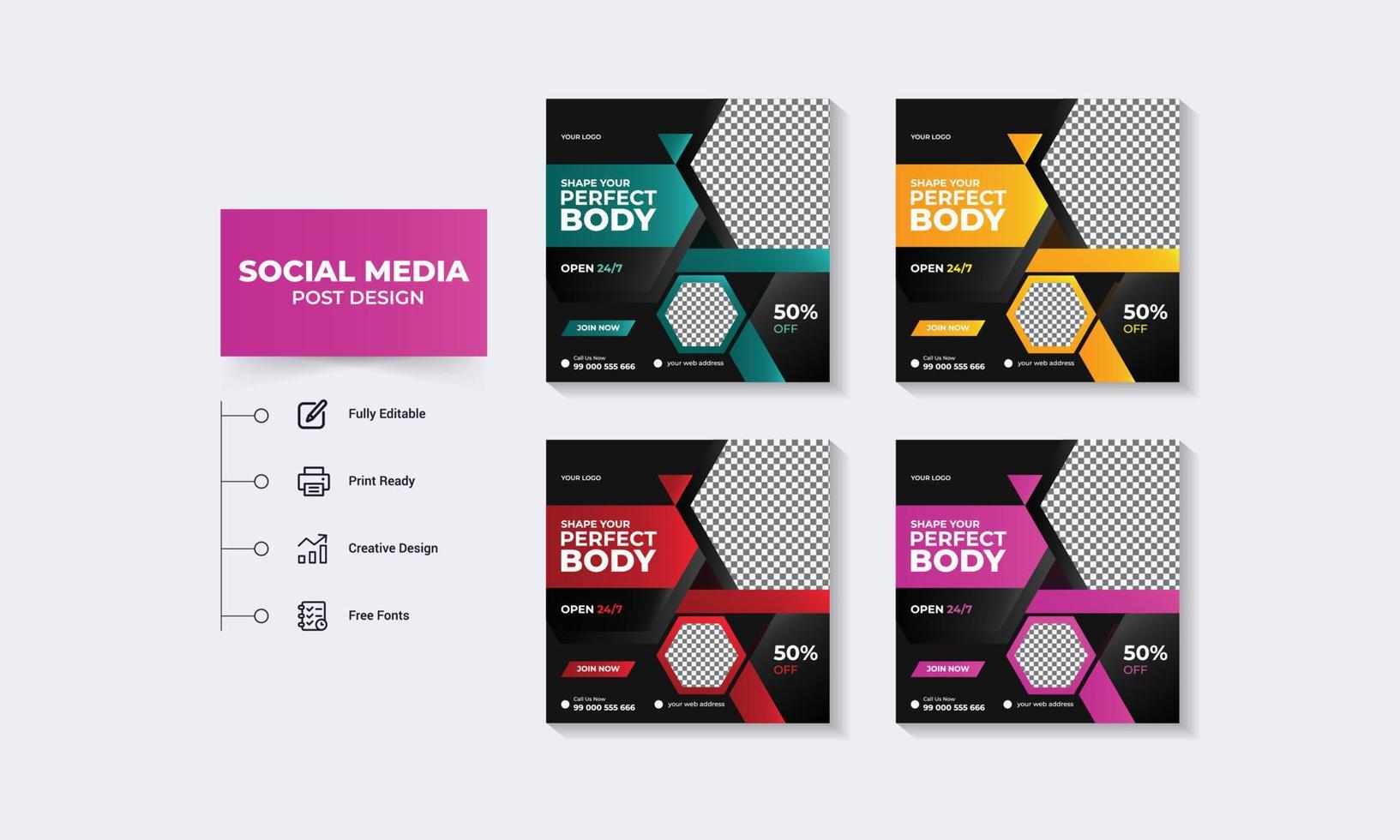 Fitness gym and shape your perfect body social media post square banner design. vector