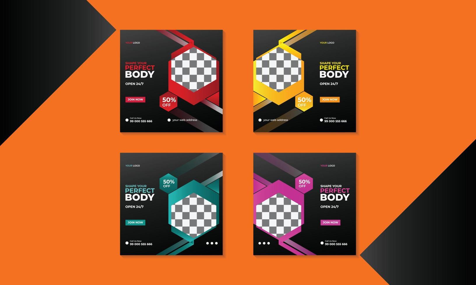 Fitness gym social media square banner template design. Usable for social media web banner, promotional square banner and web cover. vector