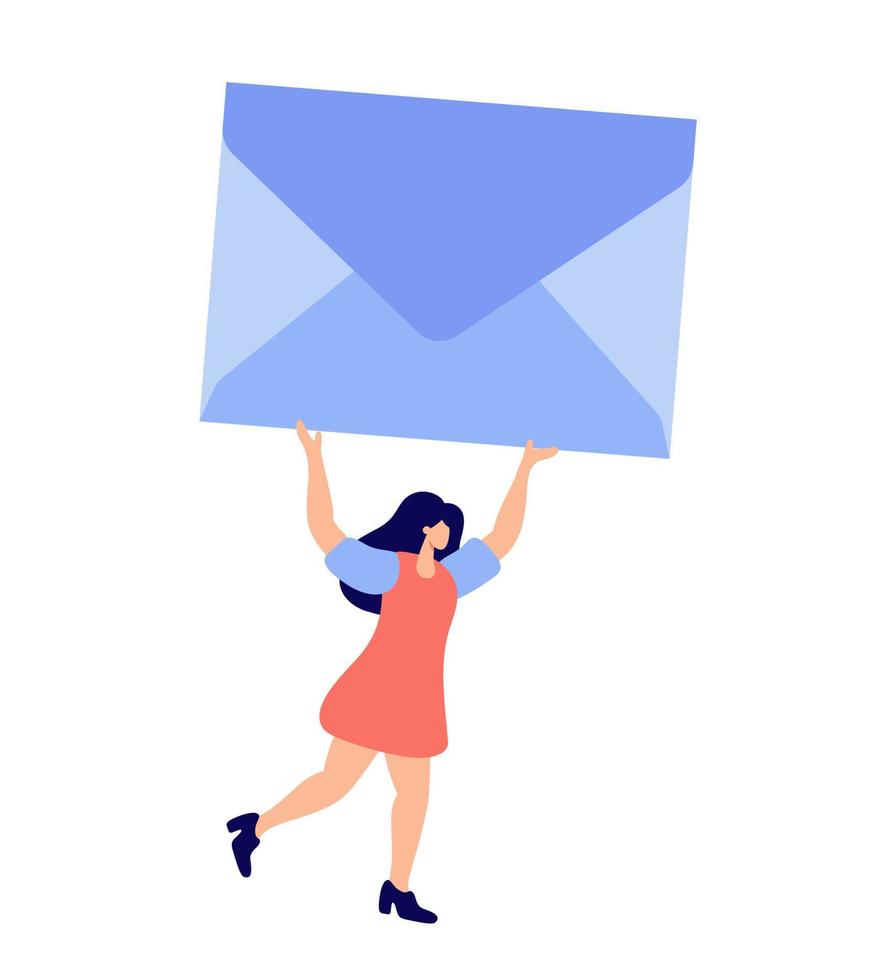 Linda diminuta mujer vectora que lleva un sobre enorme por encima. personaje femenino presente correo artesanal azul. ilustración de dibujos animados plana aislada sobre fondo blanco vector