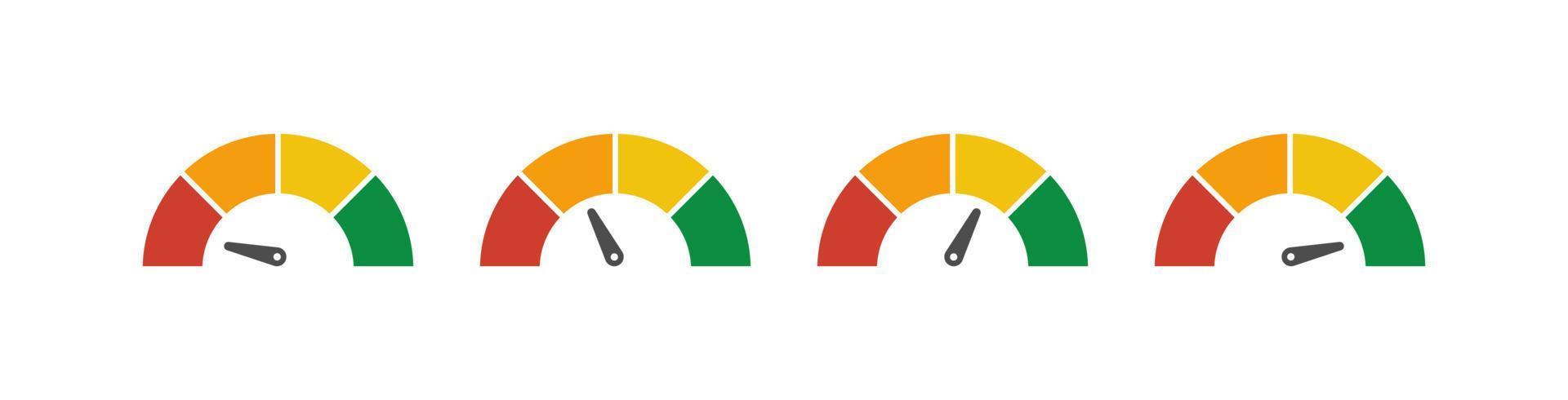 Set of vector speedometer meter with arrow for dashboard with green, yellow, red indicators. Gauge of tachometer. Low, medium, high and risk levels. Bitcoin fear and greed index cryptocurrency