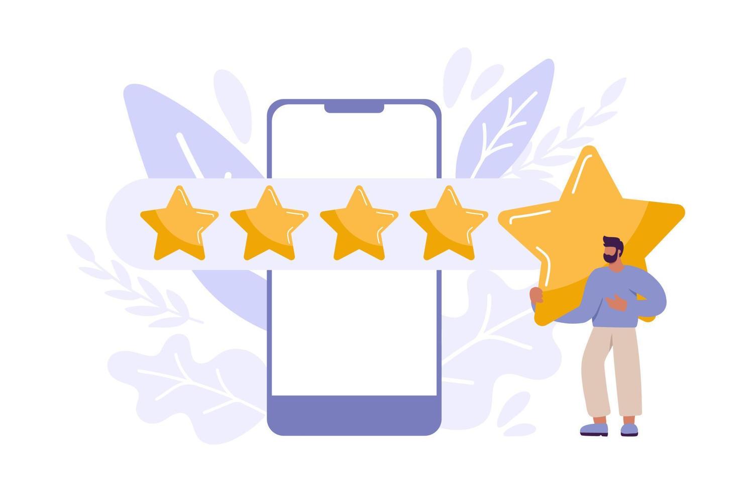 Tiny man satisfied customer give rating 5 stars on smartphone. People feedback vector illustration by giving star rating. Flat boy online shopping with give five rating and review