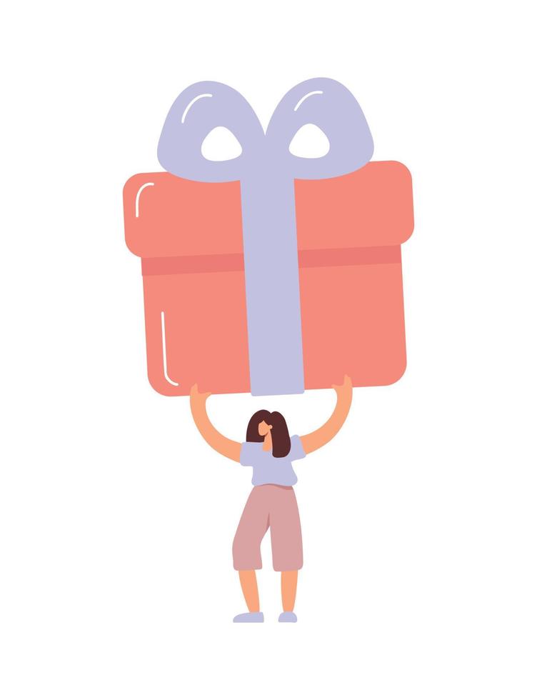Cheerful tiny vector woman carrying huge present box overhead. Female character holding big birthday gift in festive packaging. Flat cartoon illustration isolated on white