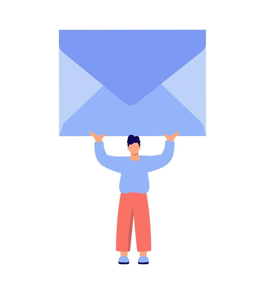 Cute tiny vector man carrying huge envelope overhead. Male character present blue craft mail. Flat cartoon illustration isolated on white background