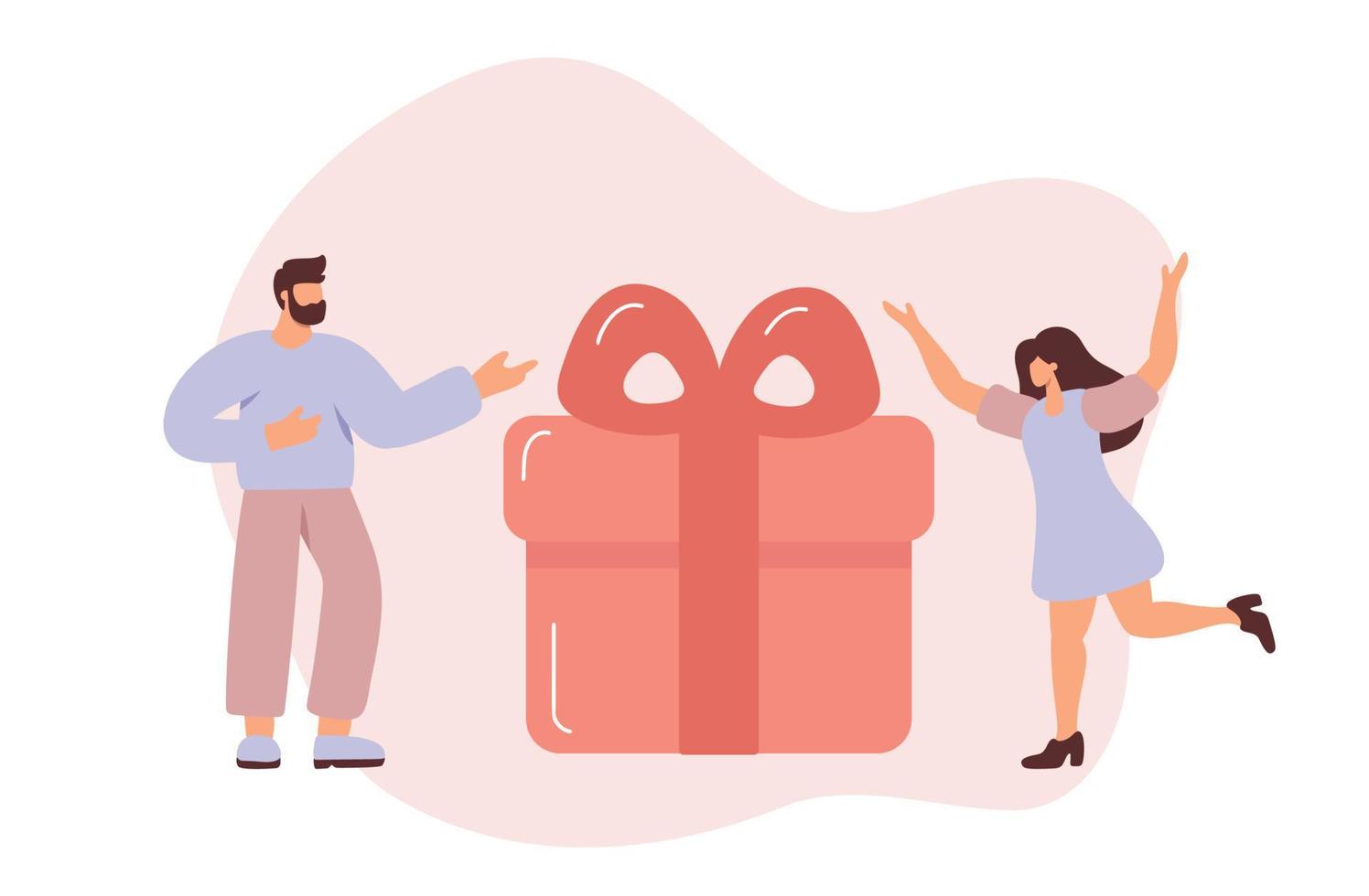 feliz diminuto vector diminuto hombre da para mujer caja de regalo. el personaje masculino y femenino muestra un gran regalo de cumpleaños en un empaque festivo. ilustración de dibujos animados plana romántico día de san valentín