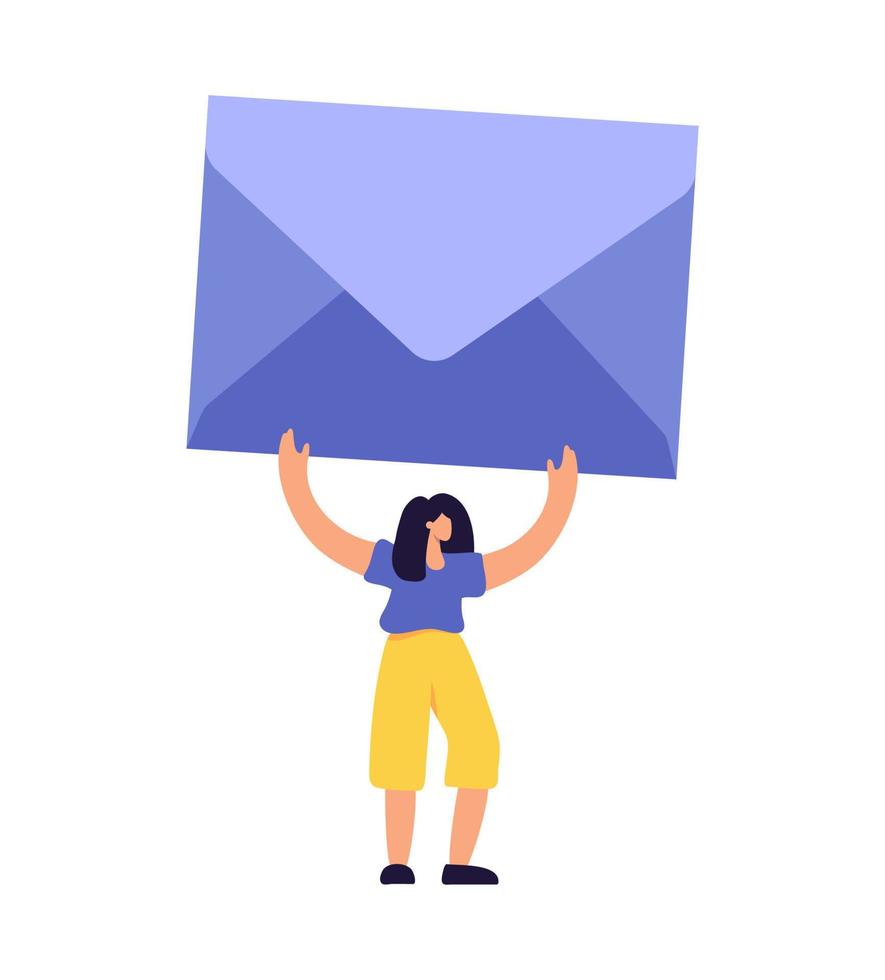 Cute tiny vector woman carrying huge envelope overhead. Female character present blue craft mail. Flat cartoon illustration isolated on white background