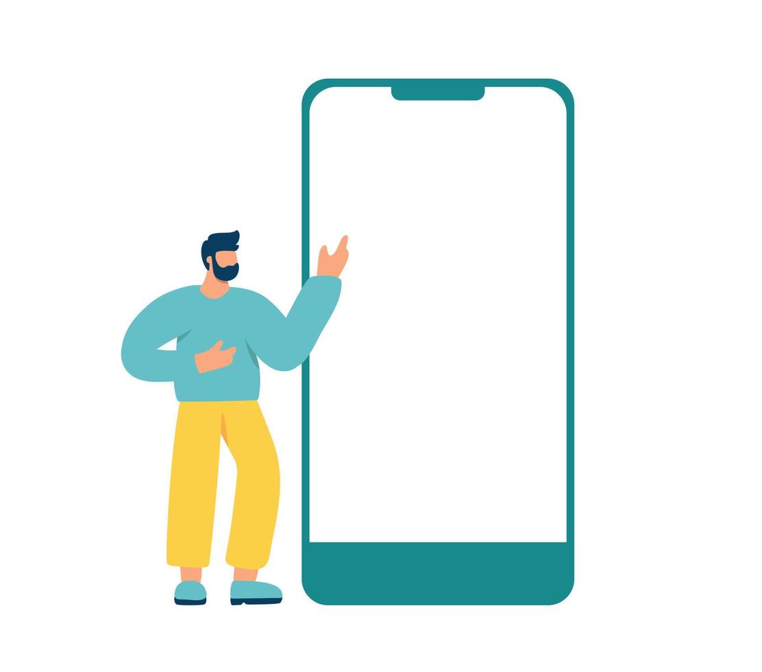 Vector tiny man standing and pointing at big blank smartphone screen. Mobile phone template. Empty cellphone display with copy space. Flat illustration