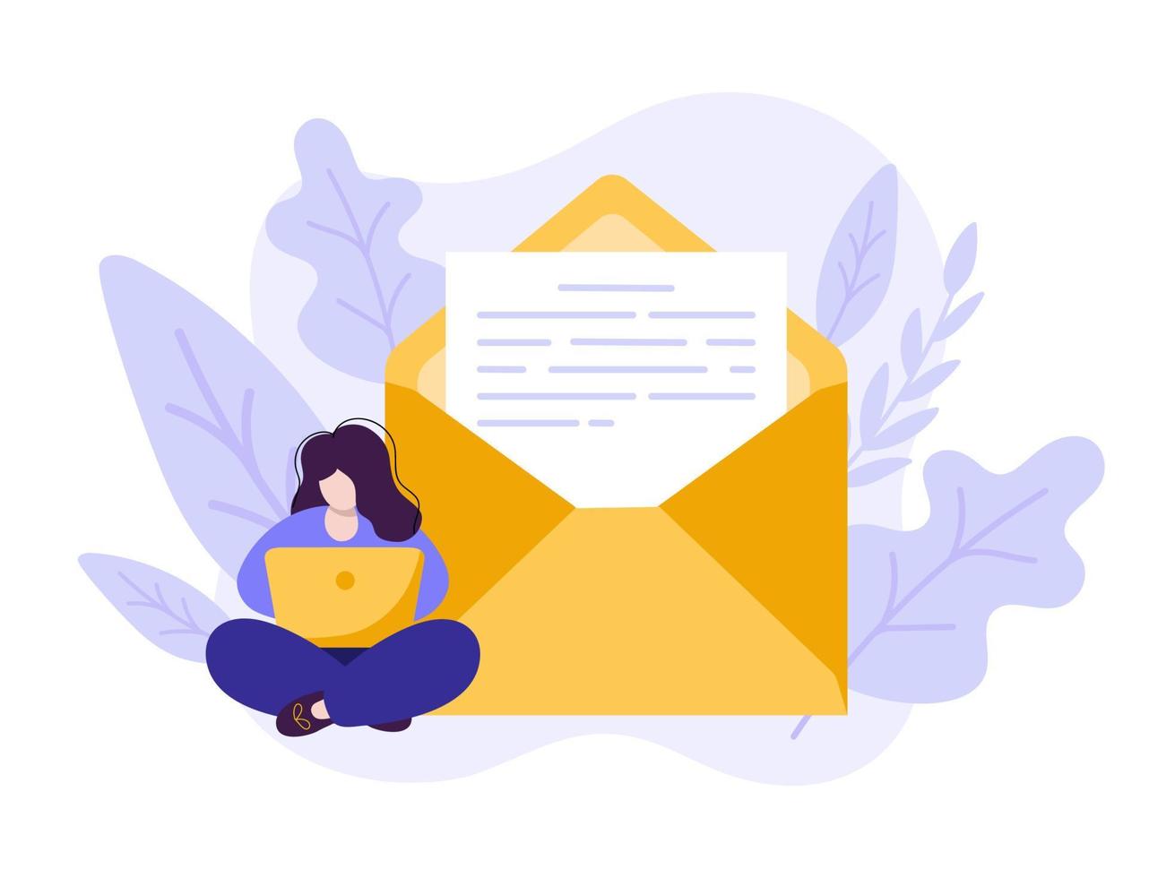 Young woman sitting in the park or travel in tropical place and working with laptop. She writes emails. Flat modern illustration of social networking and texting to friends vector
