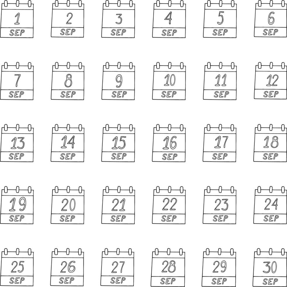 September month calendar set page hand drawn in doodle style. minimalism monochrome scandinavian nordic liner. planning, business, date, day. collection icon, sticker, print vector