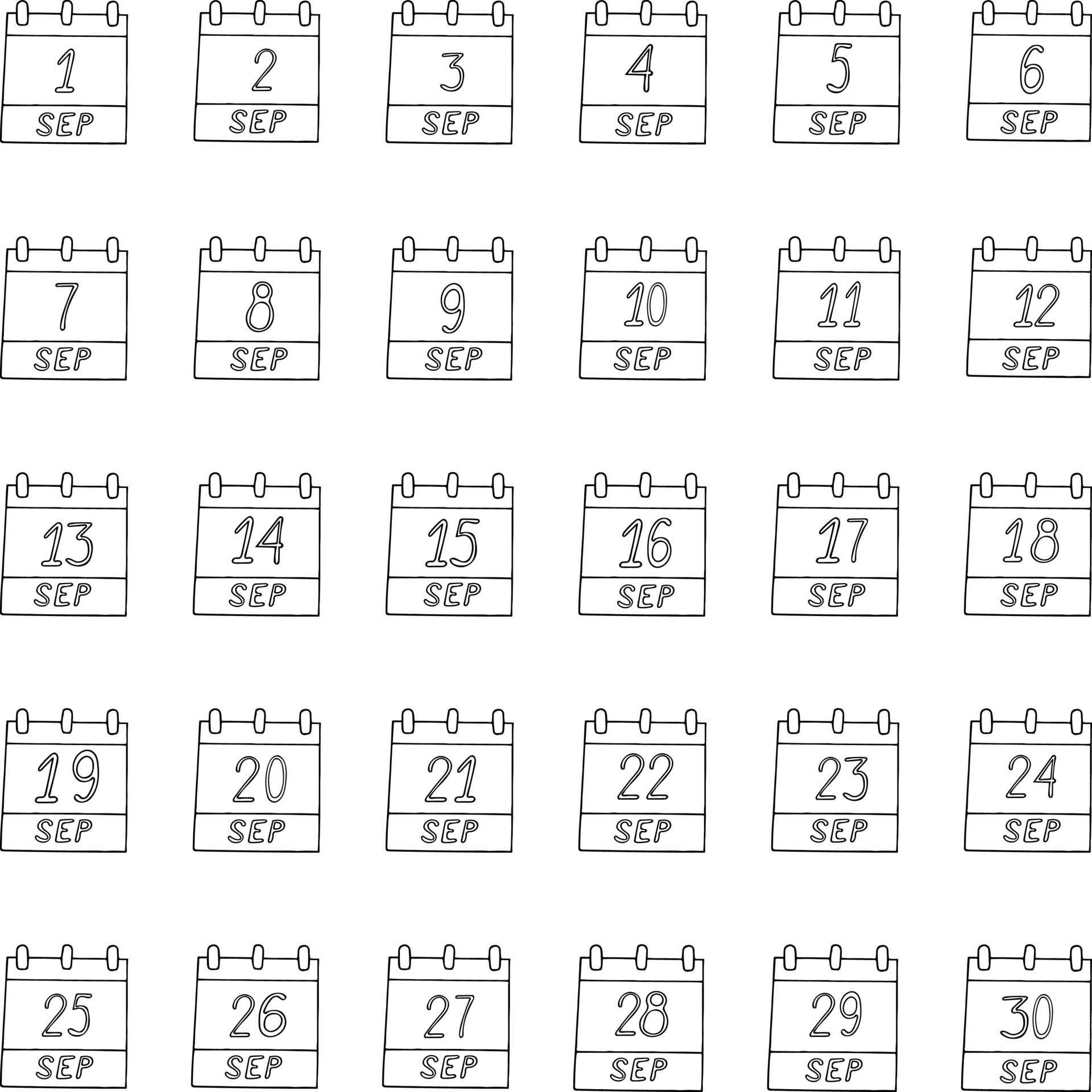 September month calendar set page hand drawn in doodle style 