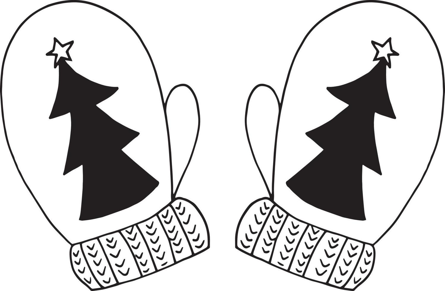 mittens with christmas tree. hand drawn doodle icon. , scandinavian, nordic, minimalism, monochrome. winter clothing warm knitted pair two vector