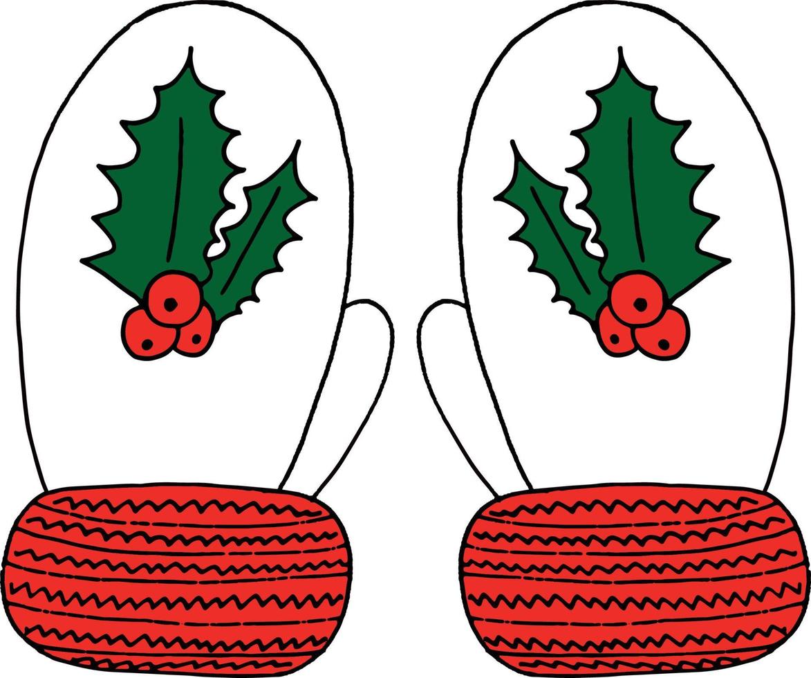 mittens with holly. hand drawn doodle icon. , scandinavian, nordic, minimalism, monochrome. winter clothing warm knitted pair two vector