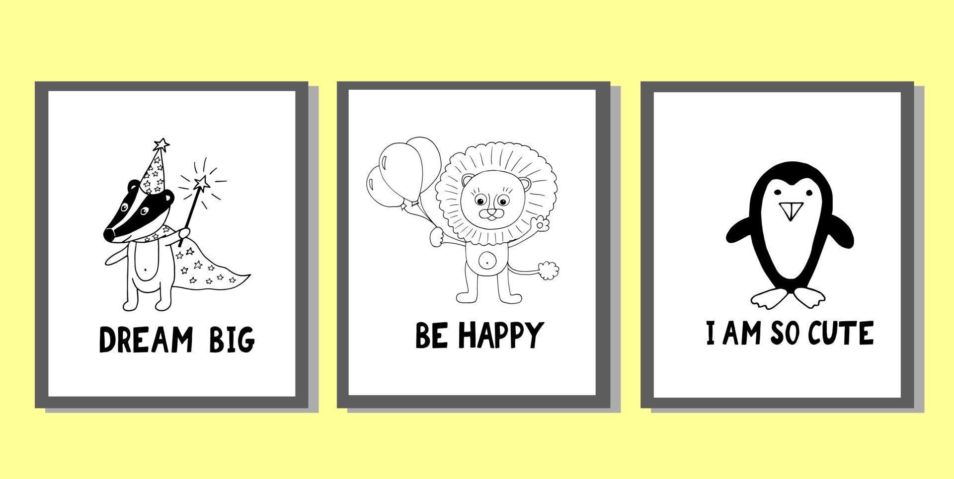 carteles para la decoración de la habitación de los niños. conjunto de estampados infantiles con lindos animales y letras. garabato dibujado a mano. vectorial, escandinavo, nórdico, minimalismo, monocromo. recién nacido, pegatina, tarjeta vector