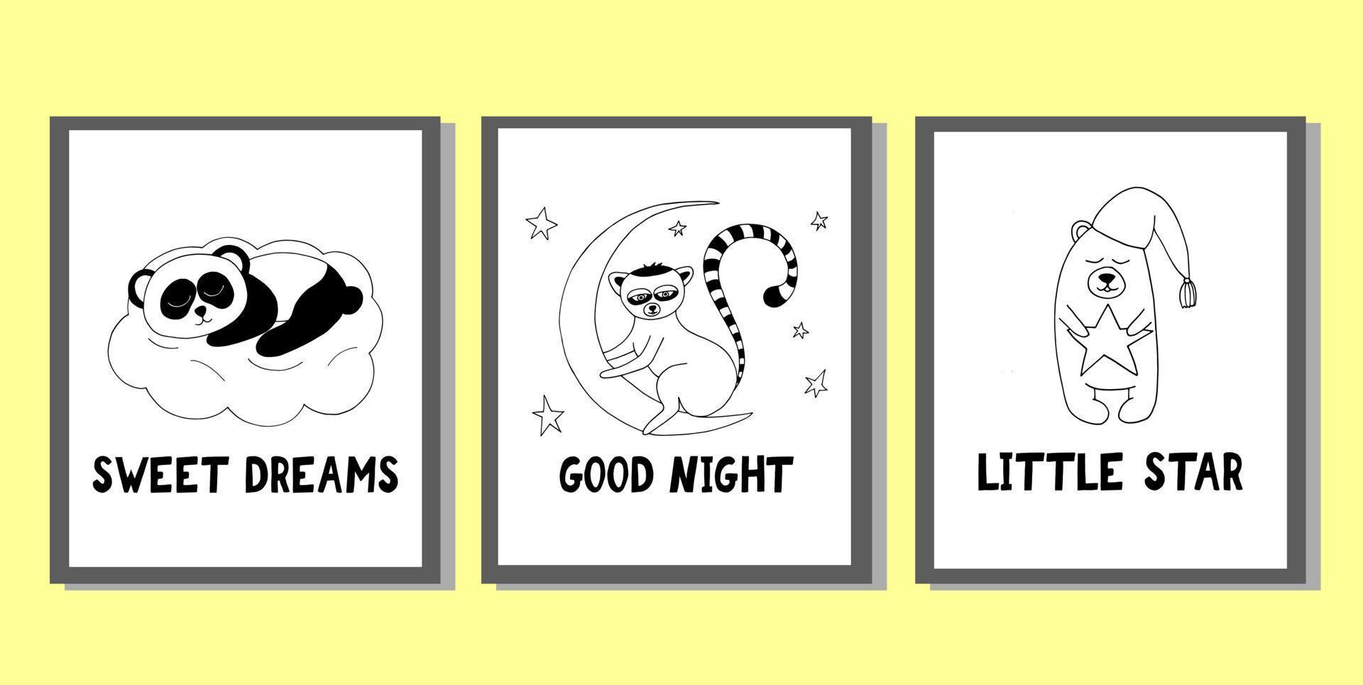 carteles para la decoración de la habitación de los niños. conjunto de estampados infantiles con lindos animales y letras. garabato dibujado a mano. vectorial, escandinavo, nórdico, minimalismo, monocromo. recién nacido, pegatina, tarjeta vector