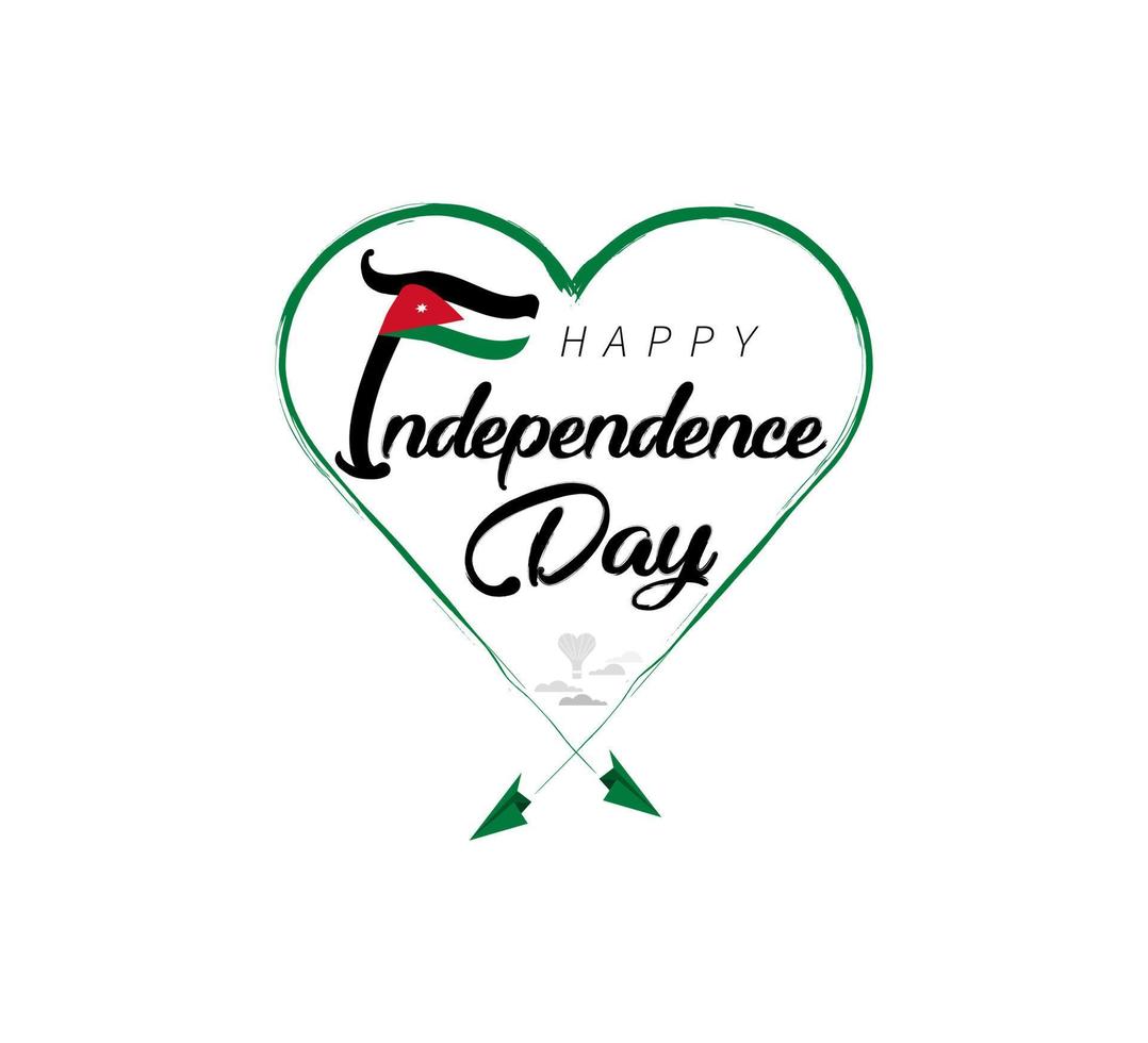 happy independence day of Jordan. Airplane draws cloud from heart. National flag vector illustration on white background.