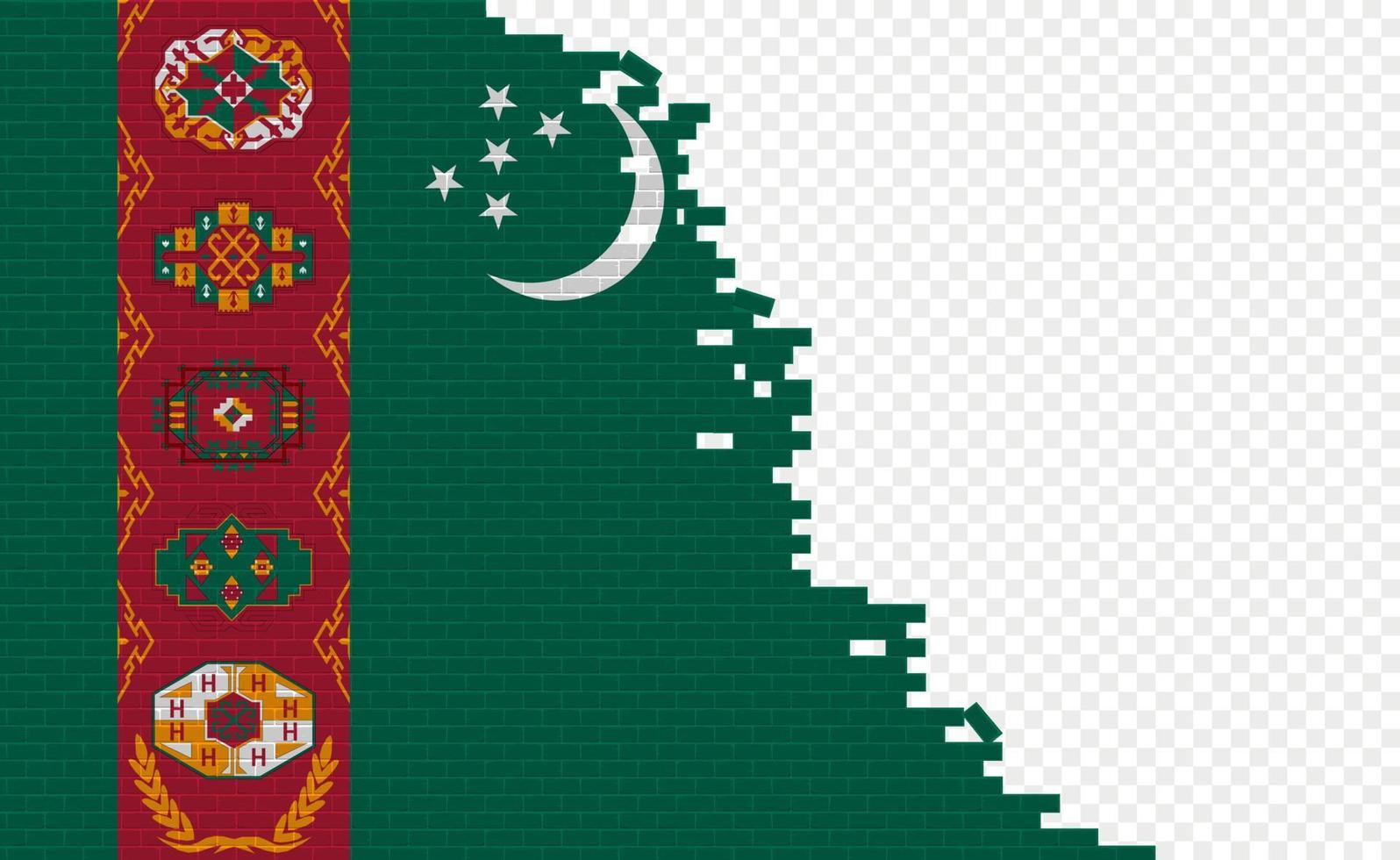 bandera de turkmenistán en la pared de ladrillos rotos. campo de bandera vacío de otro país. comparación de países. fácil edición y vector en grupos.