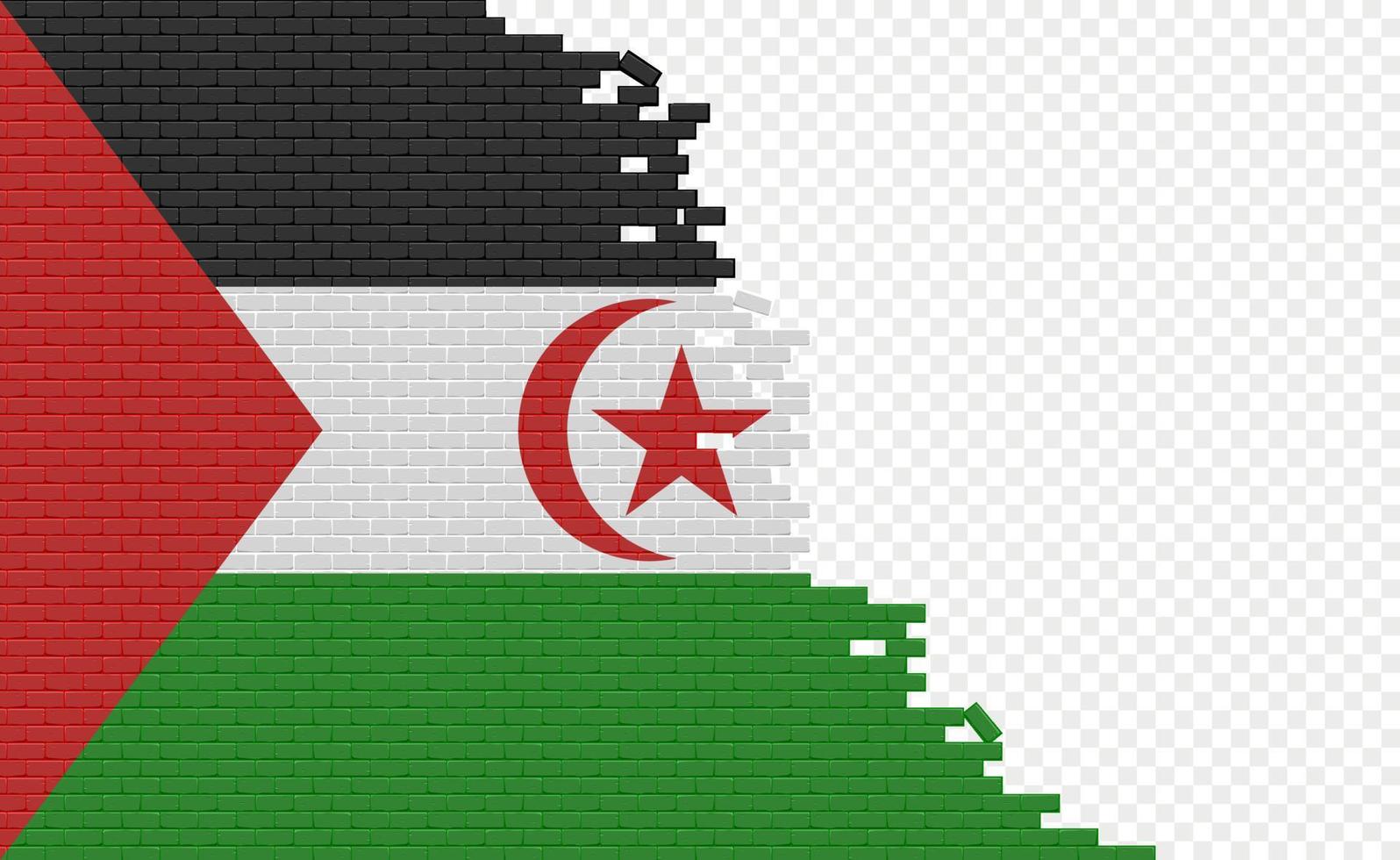 Western Sahara flag on broken brick wall. Empty flag field of another country. Country comparison. Easy editing and vector in groups.