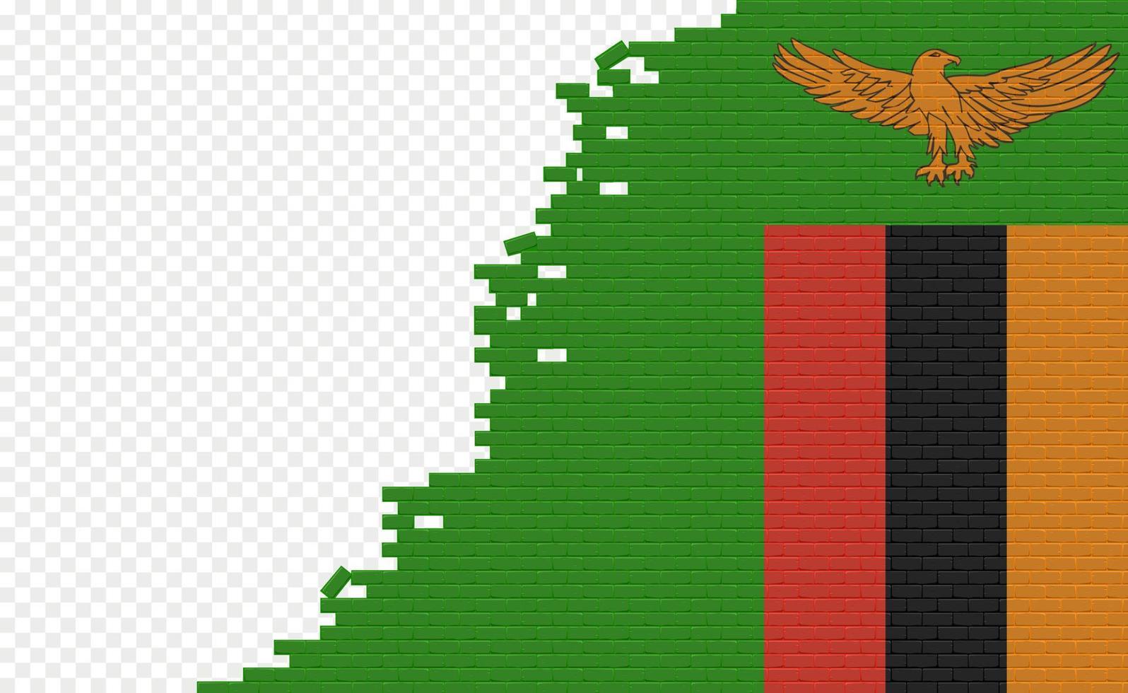 Zambia flag on broken brick wall. Empty flag field of another country. Country comparison. Easy editing and vector in groups.