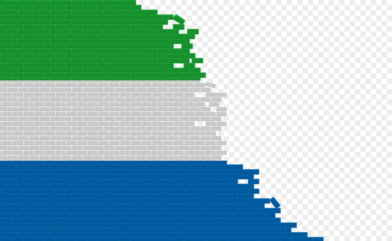 Sierra Leone flag on broken brick wall. Empty flag field of another country. Country comparison. Easy editing and vector in groups.