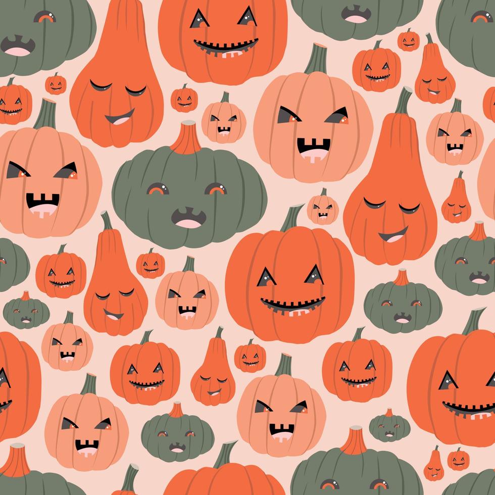 Pumpkin emotions, seamless pattern on a pink background, aphids, wallpaper trellises, halloween pumpkins, scary faces. vector