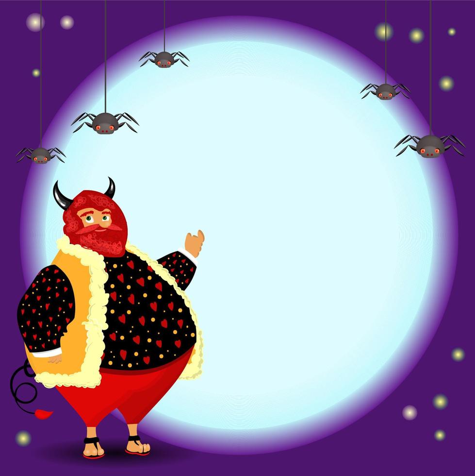 banner de feliz halloween o fondo de invitación de fiesta con diablo, murciélagos, calabazas y arañas. ilustración vectorial luna llena en el cielo nocturno. lugar para texto vector