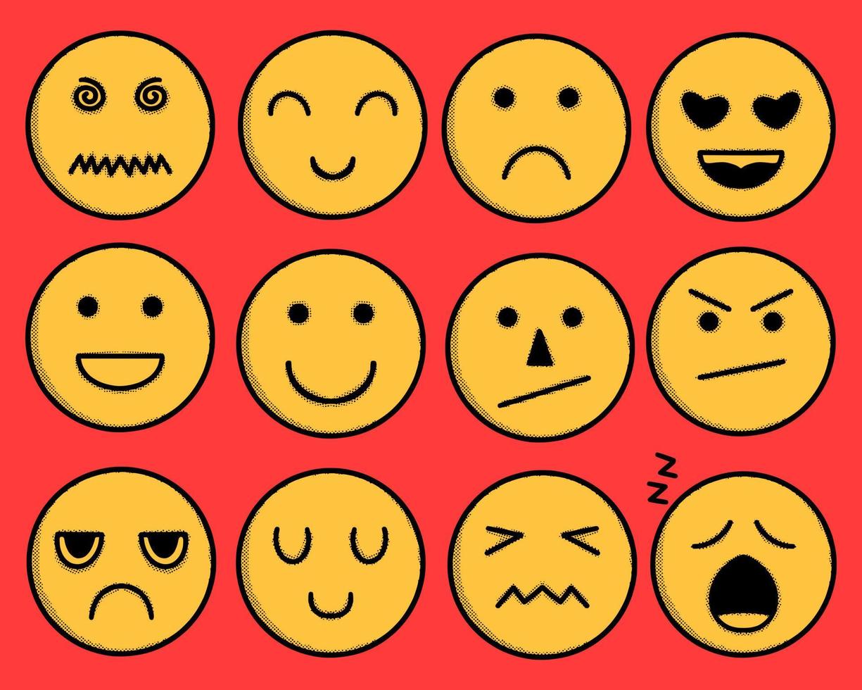 colección de emoticonos amarillos dibujados a mano vector de estilos vintage