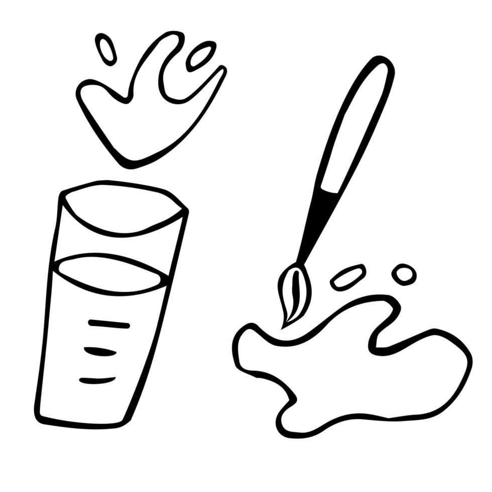 Hand drawn doodle glass of water and brush with paint. vector