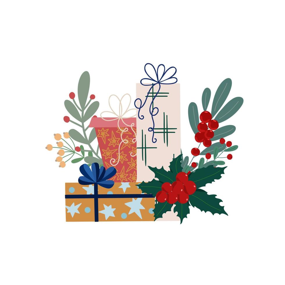 Ilustración de vector de arreglo de plantas y regalos de Navidad, plantilla de tarjeta de vacaciones de invierno, plantilla de celebración de período festivo