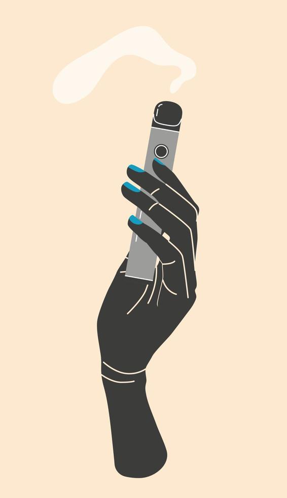 Hand holding vape, color illustration. Electronic cigarettes and vape concept. Modern vector illustration. Variety of designs vape pens and pod mods. Flat vector design for web.