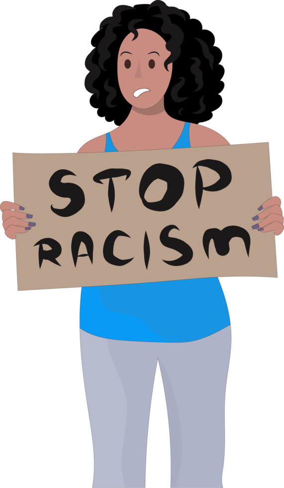 a dark-skinned woman with a poster at a rally. stop racism poster. png