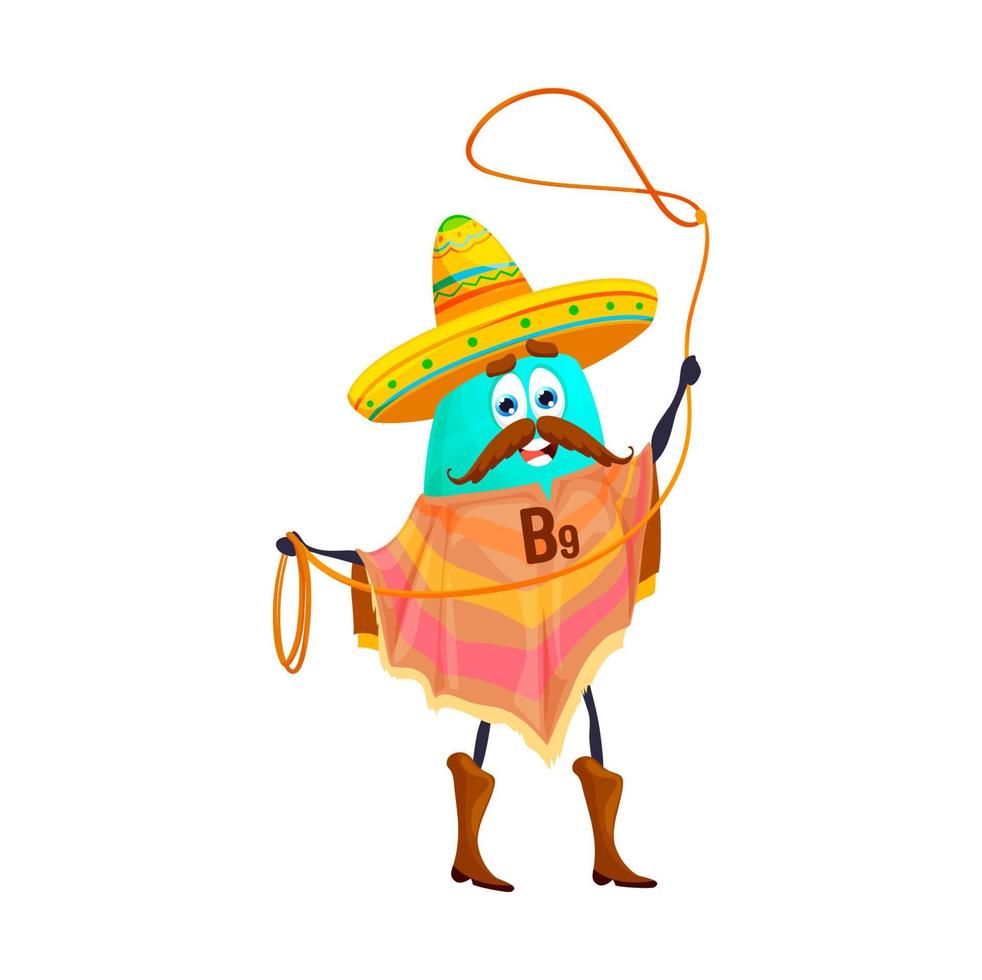 personaje de bandido vaquero mexicano de vitamina b9 de dibujos animados vector