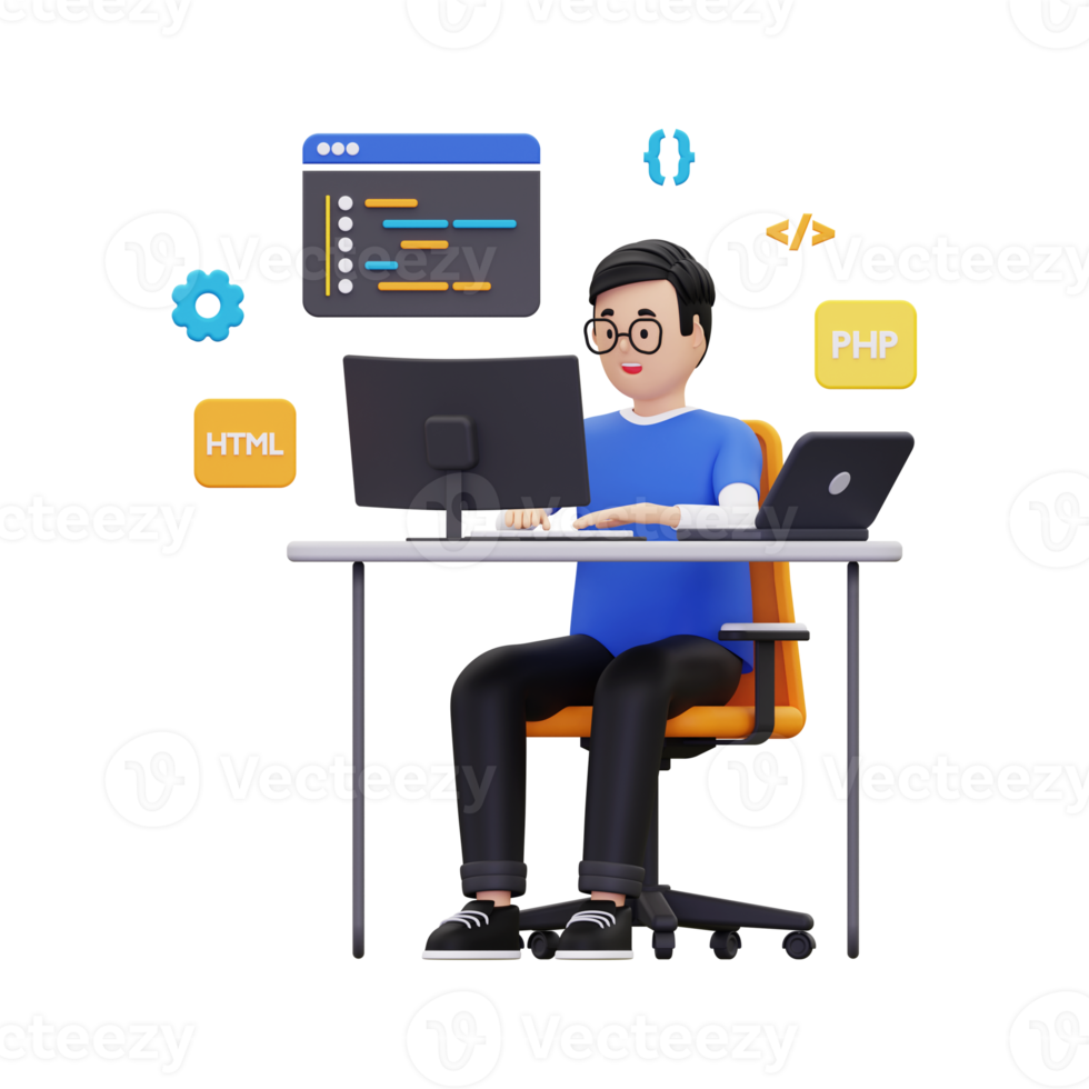 Desarrollador web 3d trabajando en la ilustración del proyecto png
