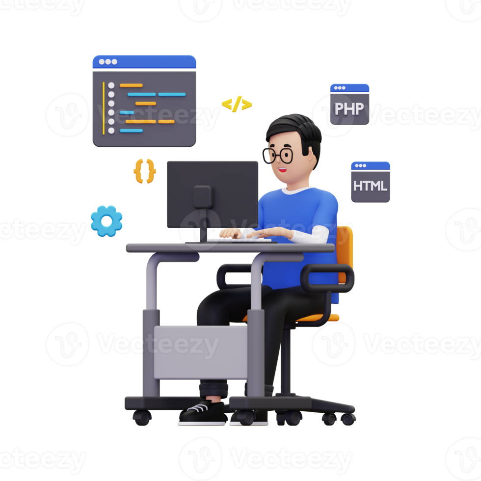 Desarrollador web 3d trabajando en la ilustración del proyecto png