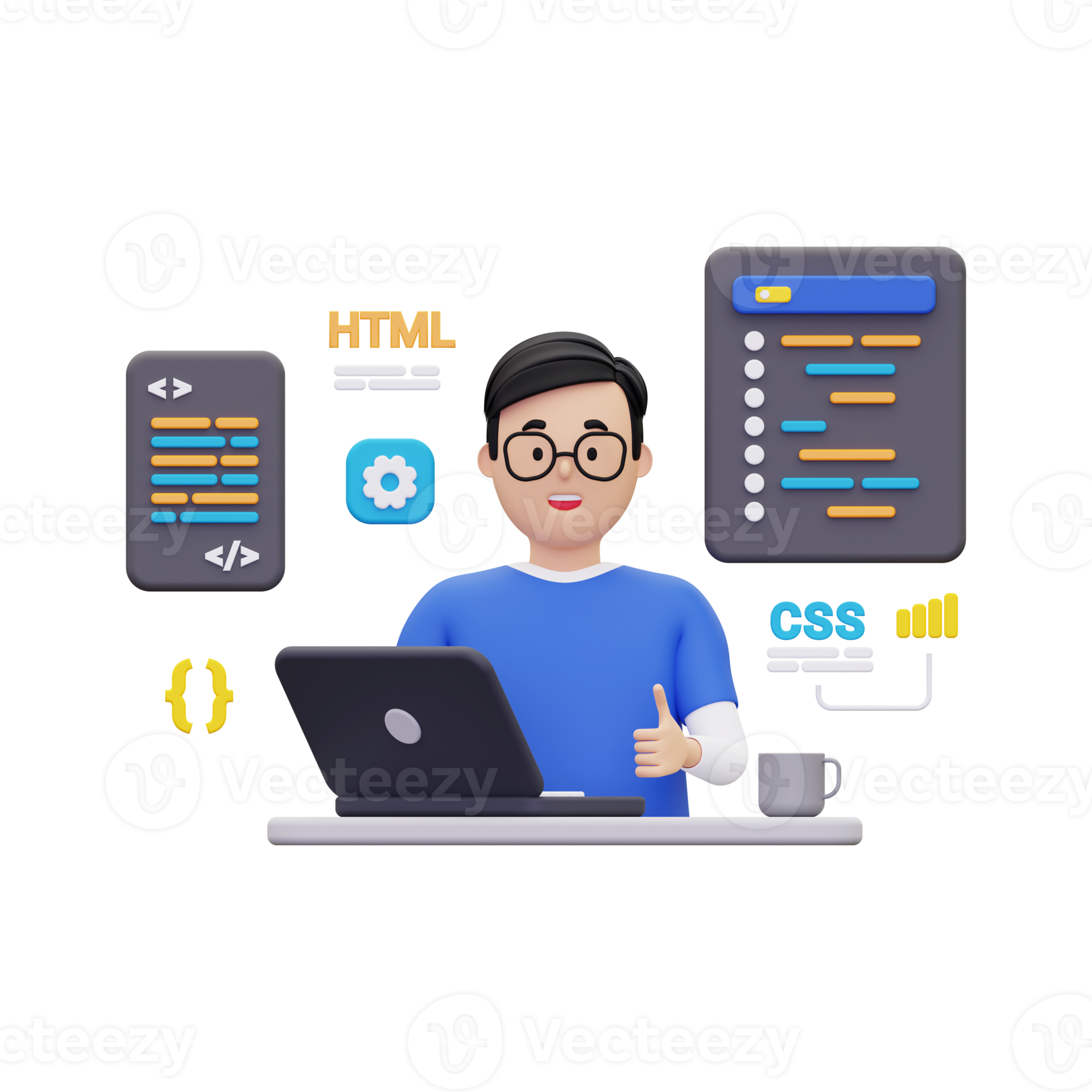 3d Website developer working on laptop illustration 11153368 PNG
