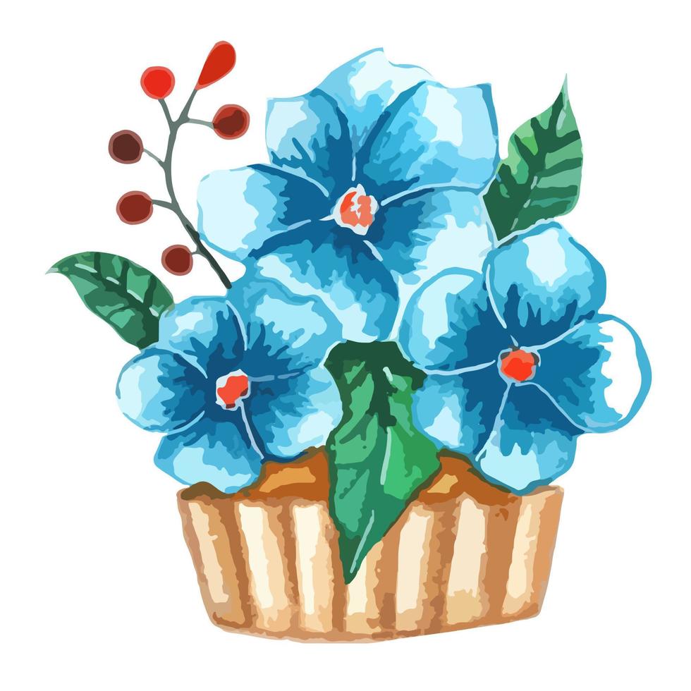el elemento es una canasta para pastel de galletas con tres flores de color azul cielo, nomeolvides y una ramita de bayas rojas. dulce ilustración acuarela vector