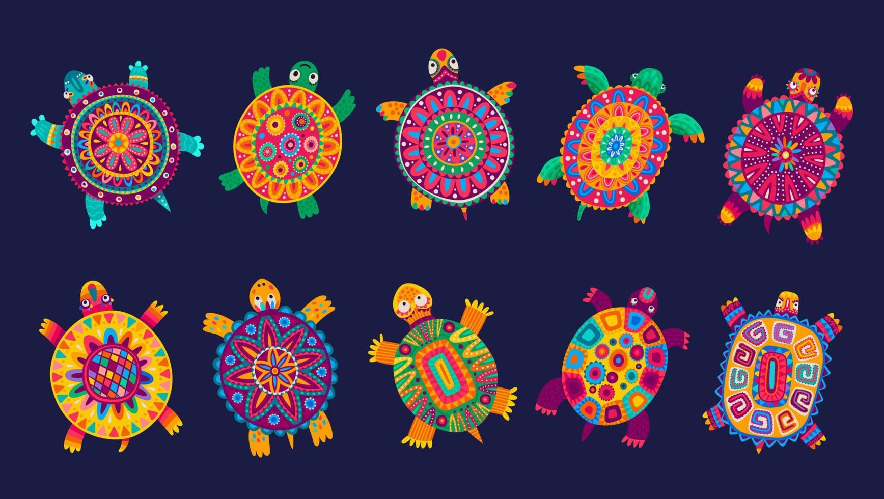 Bright mexican mayan, aztec turtle tortoise totems vector