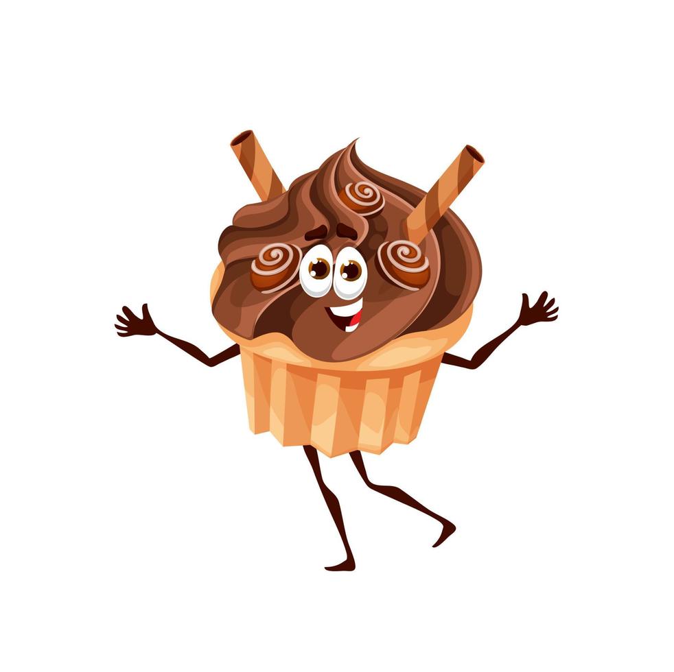 personaje de muffin de postre de cupcake de chocolate de dibujos animados vector