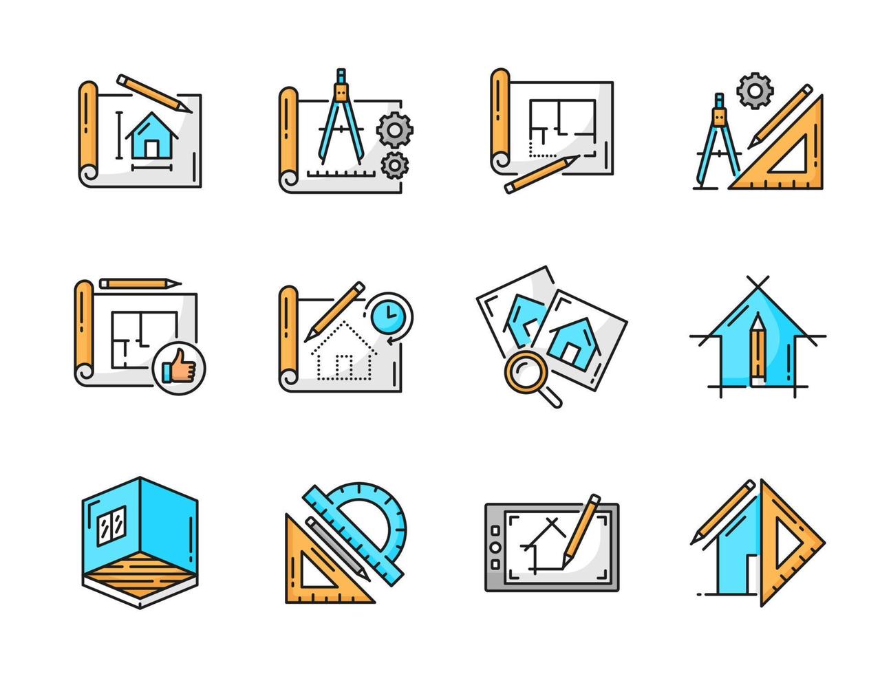 Architect development and interior design icons vector