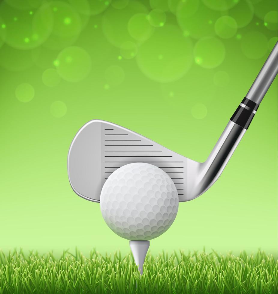 Golf club and ball stick tee on grass field design vector