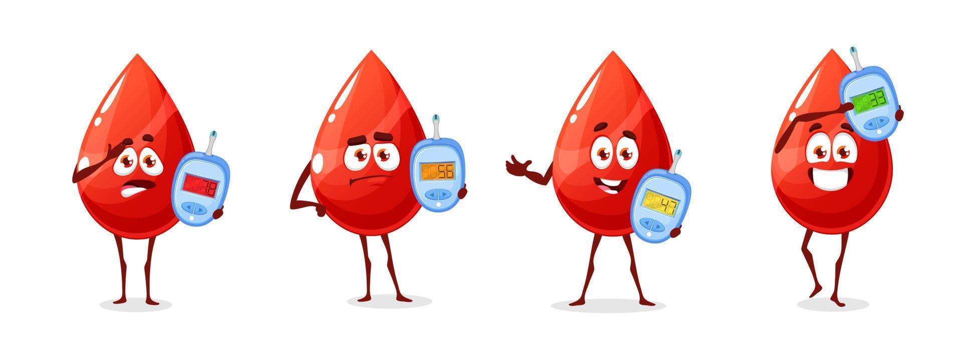 Diabetes characters, cartoon blood with glucometer vector