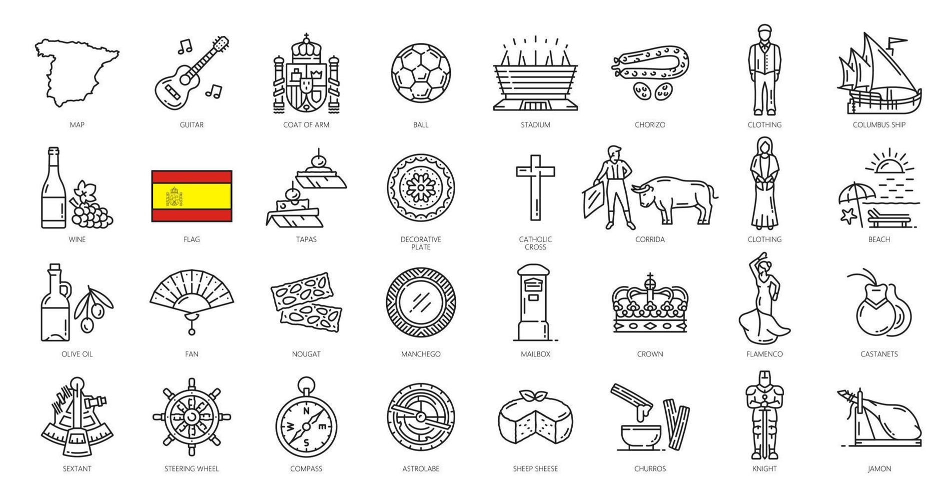 Spain culture, food and landmarks outline icons vector