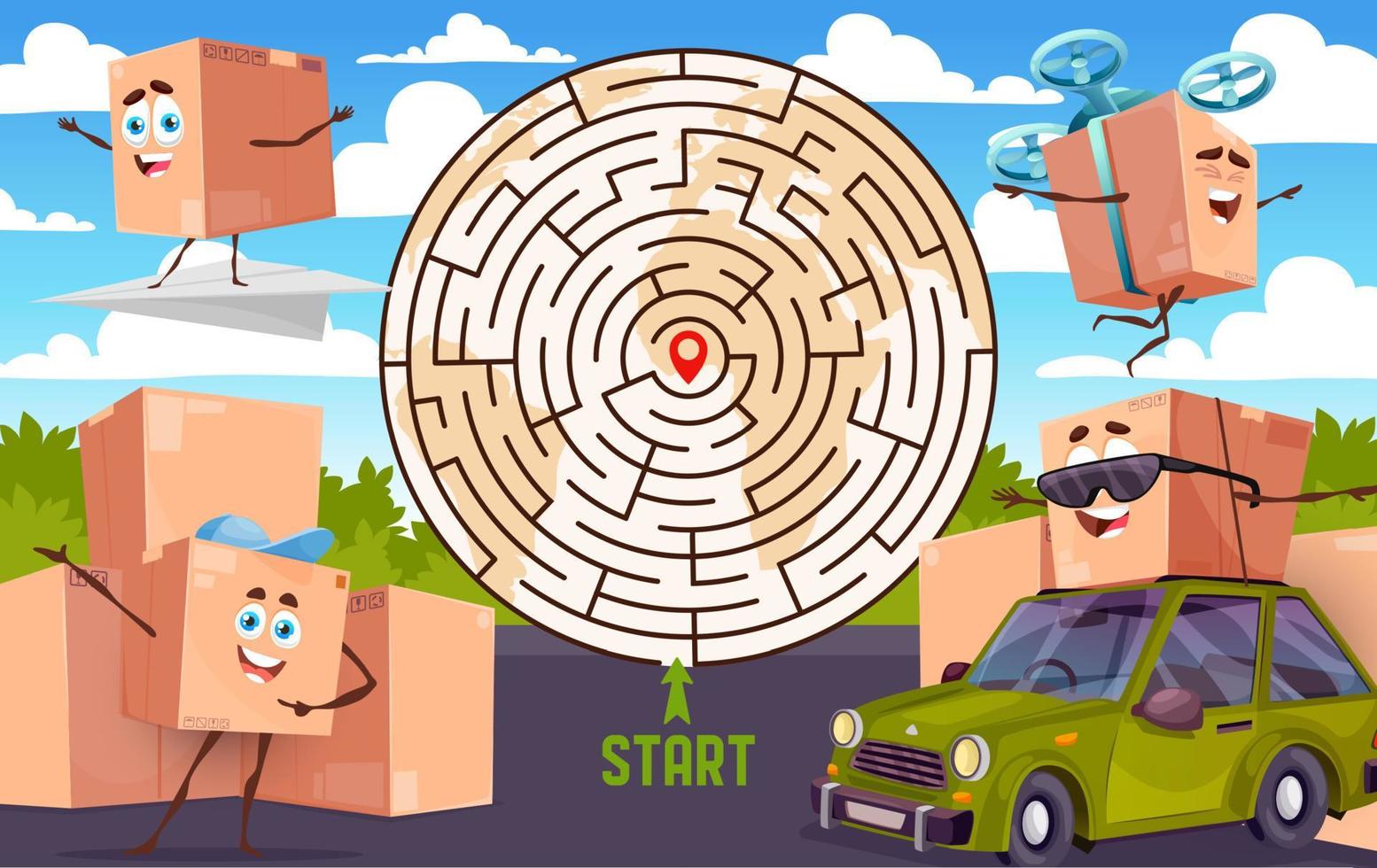Labyrinth maze with cartoon package box characters vector