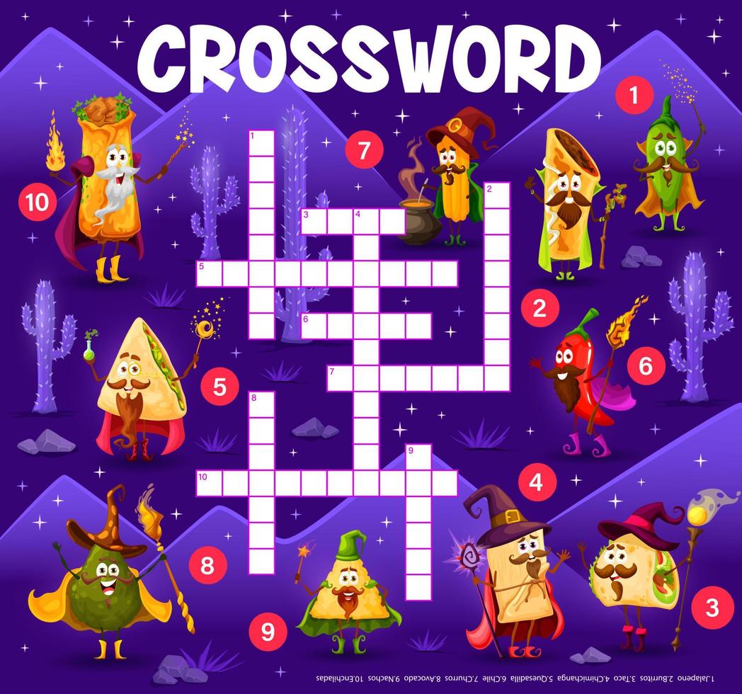 Crossword grid cartoon tex mex mexican food wizard vector