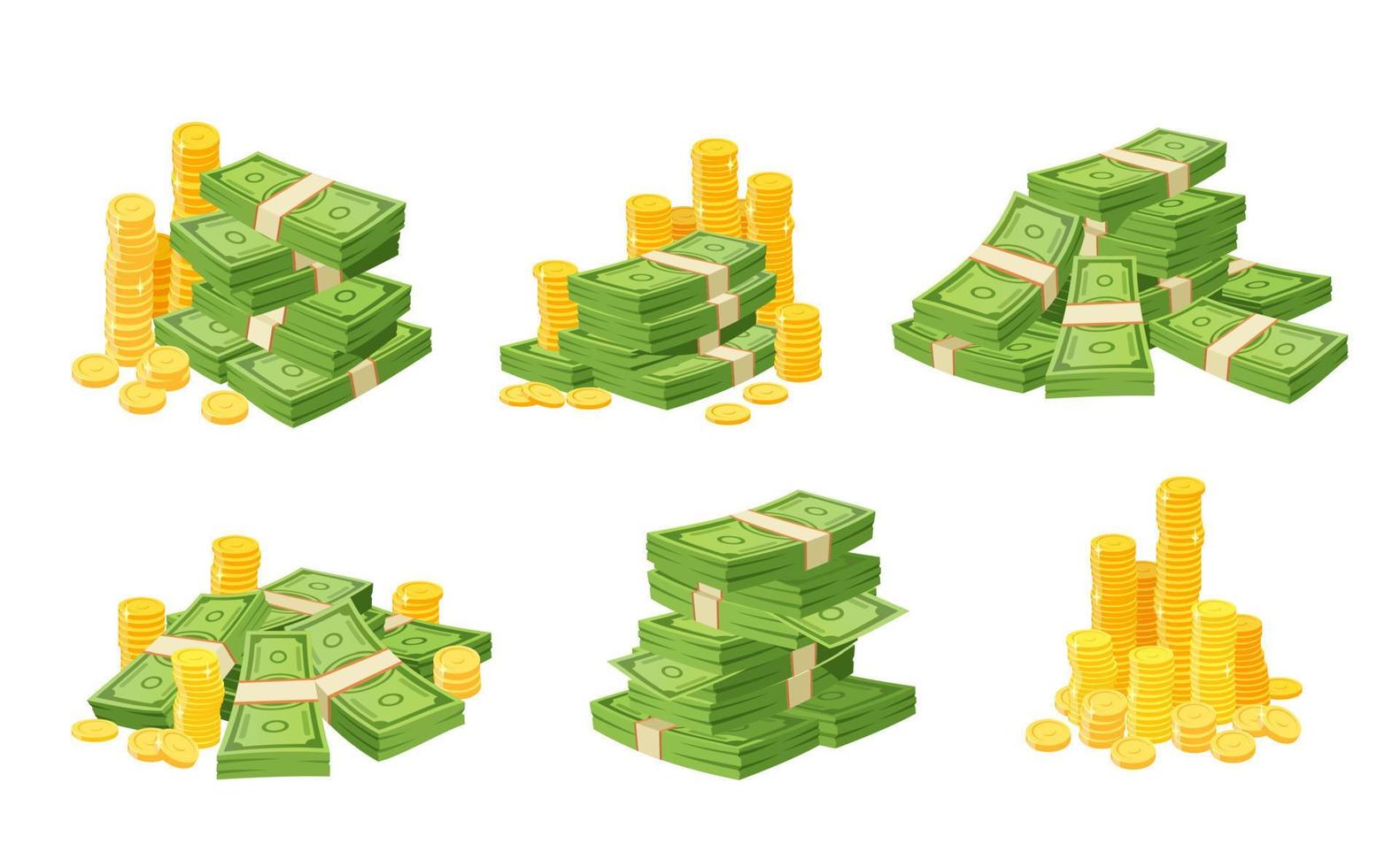 Cartoon money, paper cash banknotes, golden coins vector