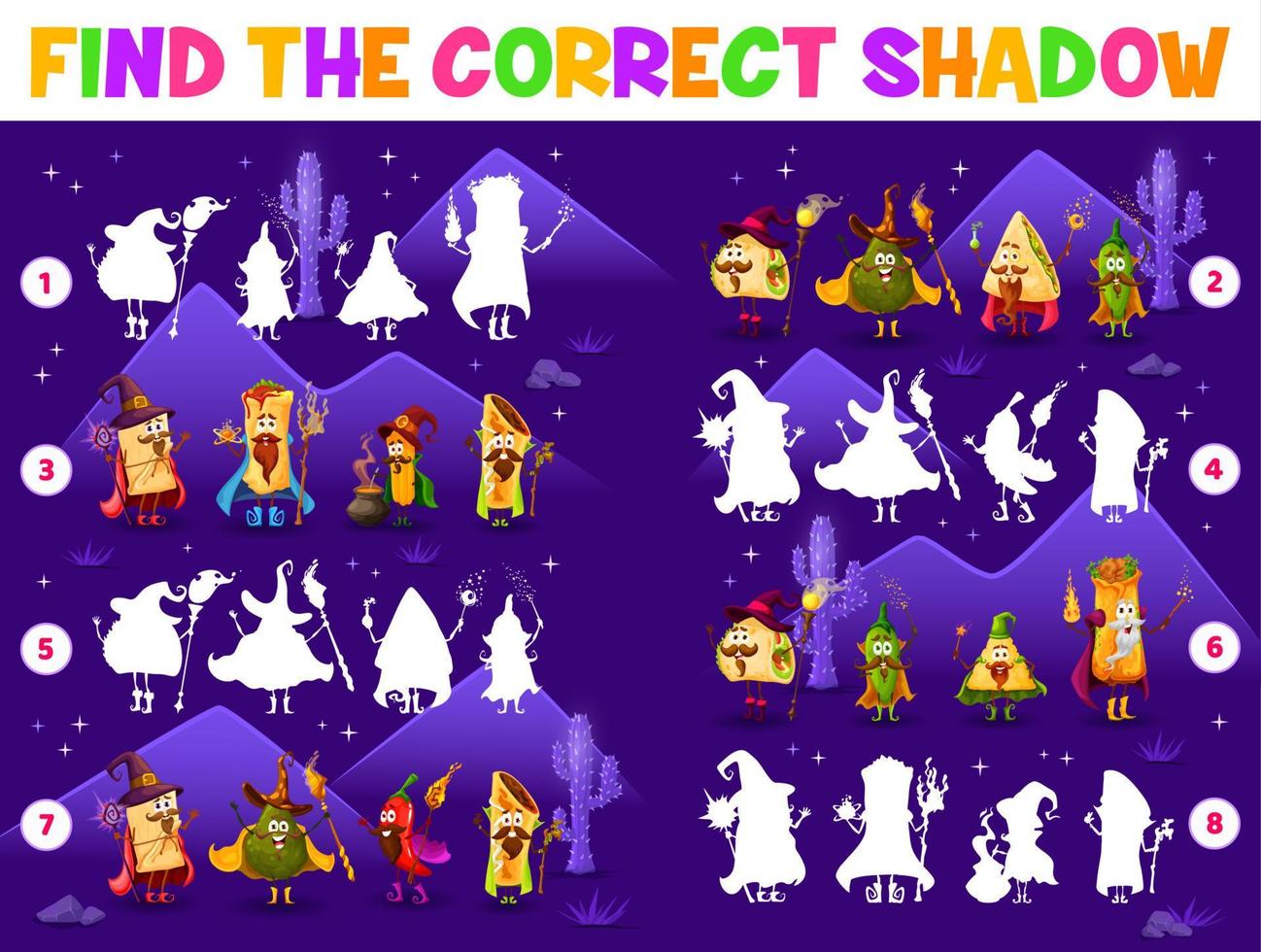 Shadow matching game cartoon tex mex food wizards vector
