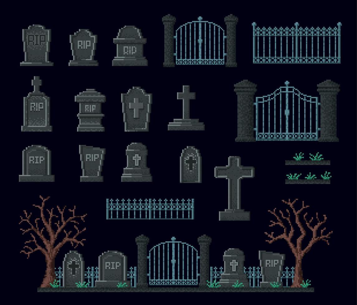 Cemetery 8bit pixel game assets, gravestone fence vector